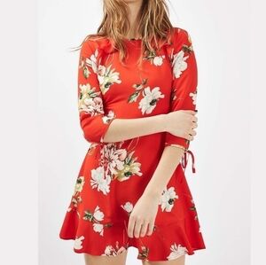 Topshop PETITE Red Paint Floral Tea Dress Size 0